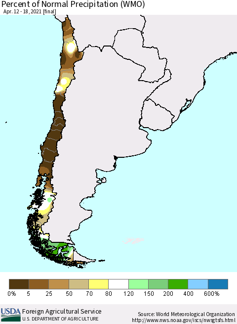 Chile Percent of Normal Precipitation (WMO) Thematic Map For 4/12/2021 - 4/18/2021
