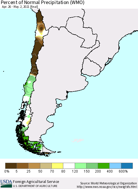 Chile Percent of Normal Precipitation (WMO) Thematic Map For 4/26/2021 - 5/2/2021