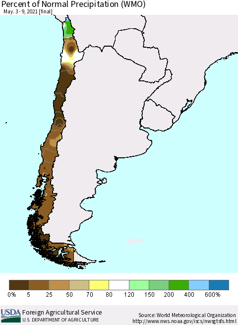 Chile Percent of Normal Precipitation (WMO) Thematic Map For 5/3/2021 - 5/9/2021