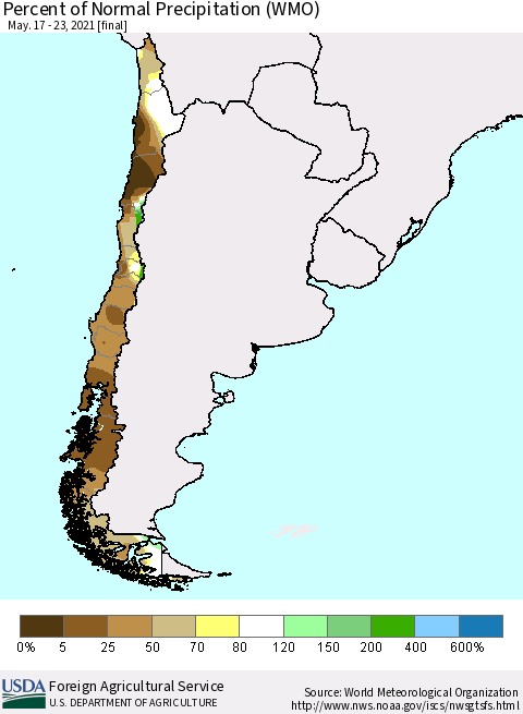 Chile Percent of Normal Precipitation (WMO) Thematic Map For 5/17/2021 - 5/23/2021