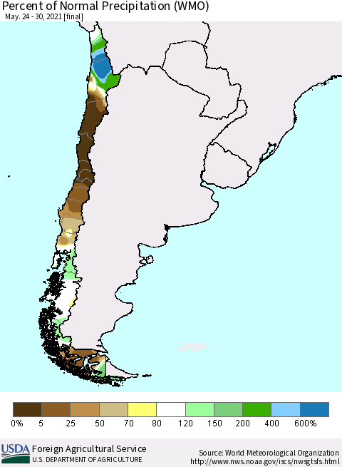 Chile Percent of Normal Precipitation (WMO) Thematic Map For 5/24/2021 - 5/30/2021