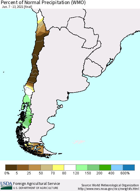 Chile Percent of Normal Precipitation (WMO) Thematic Map For 6/7/2021 - 6/13/2021