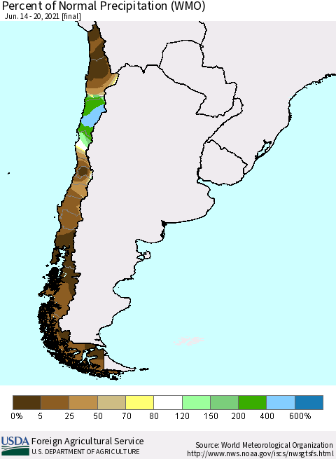 Chile Percent of Normal Precipitation (WMO) Thematic Map For 6/14/2021 - 6/20/2021