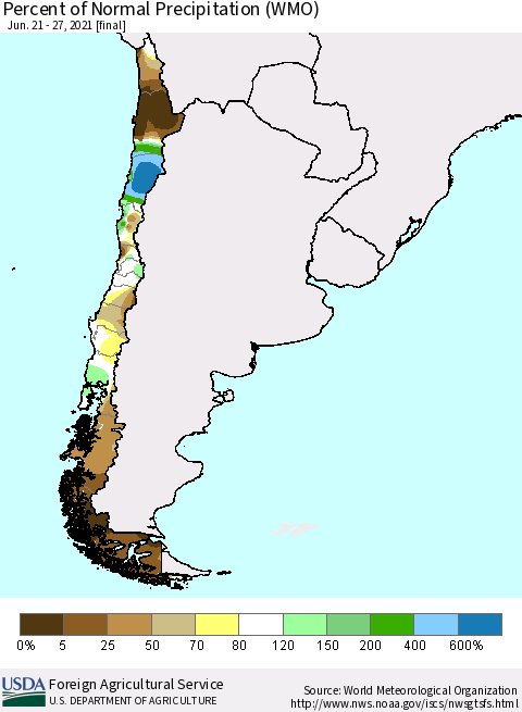 Chile Percent of Normal Precipitation (WMO) Thematic Map For 6/21/2021 - 6/27/2021