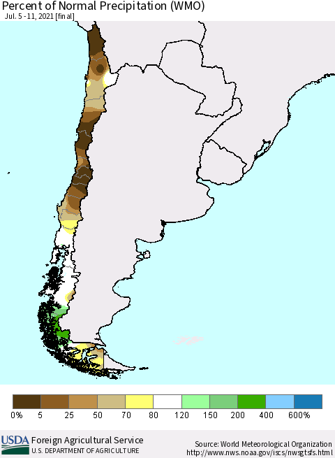 Chile Percent of Normal Precipitation (WMO) Thematic Map For 7/5/2021 - 7/11/2021