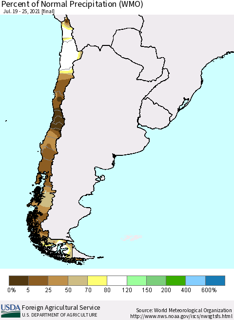 Chile Percent of Normal Precipitation (WMO) Thematic Map For 7/19/2021 - 7/25/2021
