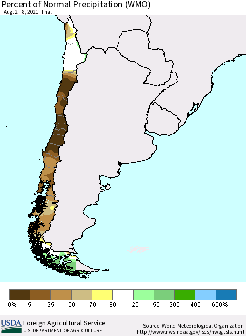Chile Percent of Normal Precipitation (WMO) Thematic Map For 8/2/2021 - 8/8/2021