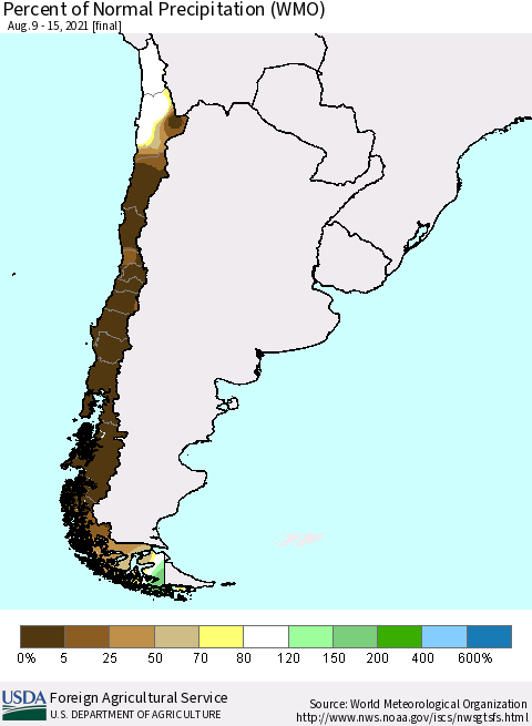 Chile Percent of Normal Precipitation (WMO) Thematic Map For 8/9/2021 - 8/15/2021