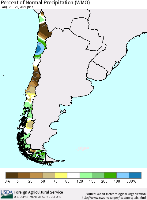 Chile Percent of Normal Precipitation (WMO) Thematic Map For 8/23/2021 - 8/29/2021