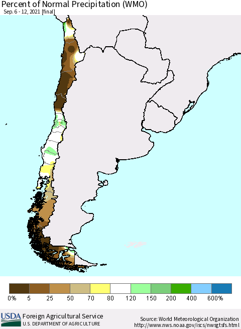 Chile Percent of Normal Precipitation (WMO) Thematic Map For 9/6/2021 - 9/12/2021