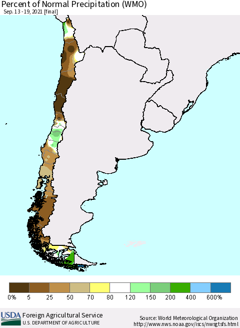 Chile Percent of Normal Precipitation (WMO) Thematic Map For 9/13/2021 - 9/19/2021