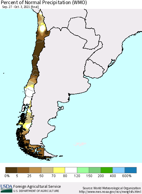 Chile Percent of Normal Precipitation (WMO) Thematic Map For 9/27/2021 - 10/3/2021
