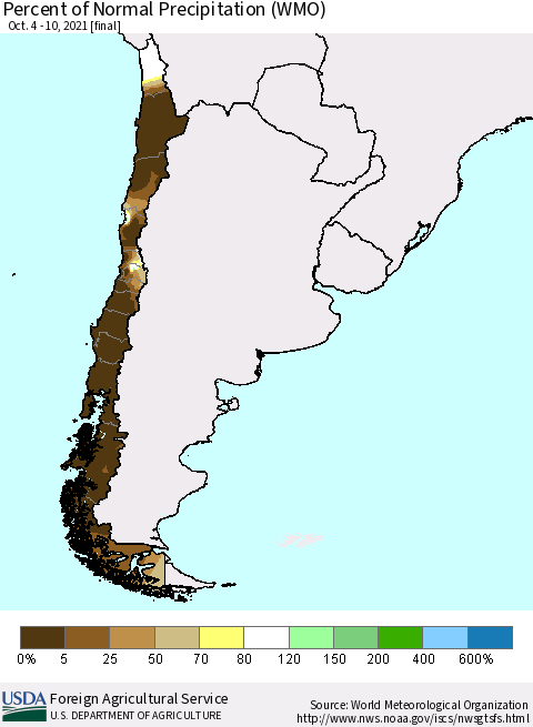 Chile Percent of Normal Precipitation (WMO) Thematic Map For 10/4/2021 - 10/10/2021