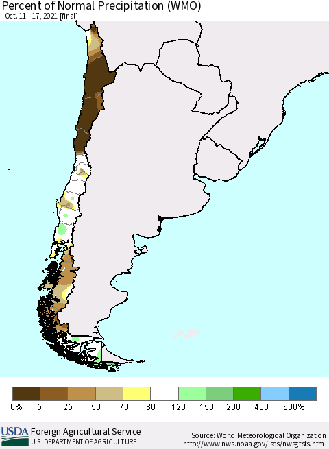Chile Percent of Normal Precipitation (WMO) Thematic Map For 10/11/2021 - 10/17/2021