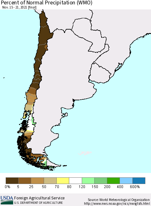 Chile Percent of Normal Precipitation (WMO) Thematic Map For 11/15/2021 - 11/21/2021