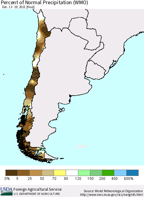 Chile Percent of Normal Precipitation (WMO) Thematic Map For 12/13/2021 - 12/19/2021