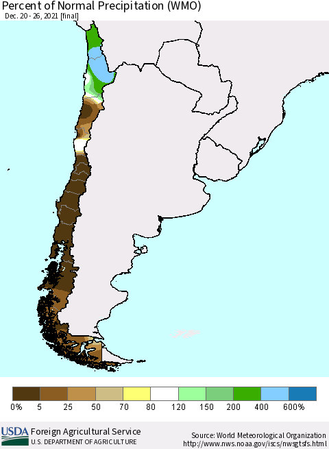 Chile Percent of Normal Precipitation (WMO) Thematic Map For 12/20/2021 - 12/26/2021