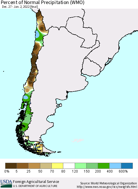 Chile Percent of Normal Precipitation (WMO) Thematic Map For 12/27/2021 - 1/2/2022