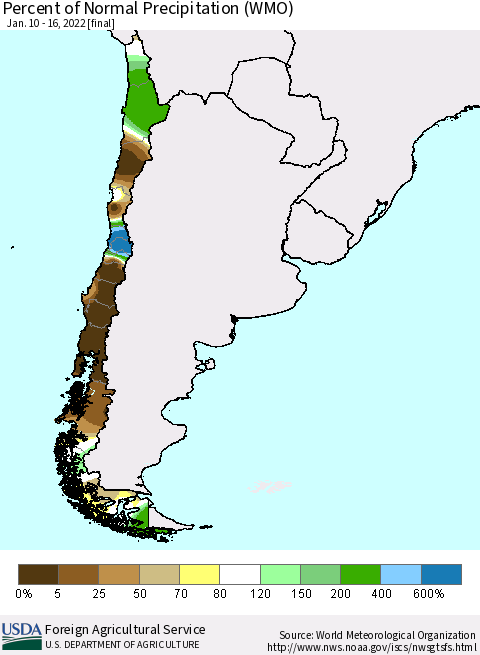 Chile Percent of Normal Precipitation (WMO) Thematic Map For 1/10/2022 - 1/16/2022