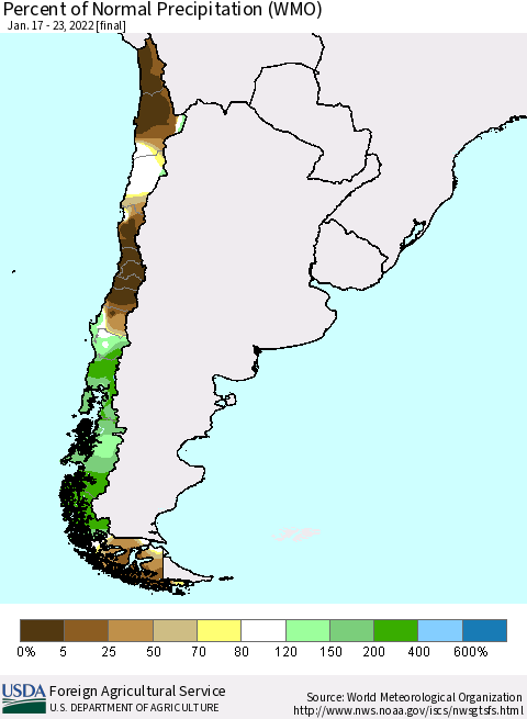 Chile Percent of Normal Precipitation (WMO) Thematic Map For 1/17/2022 - 1/23/2022