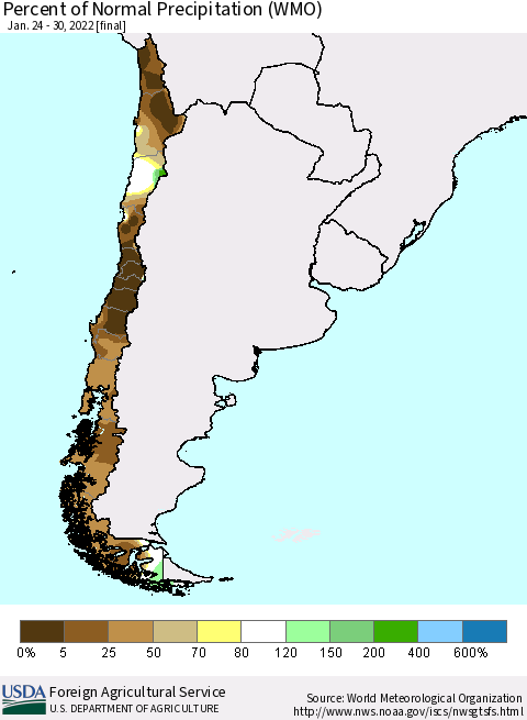 Chile Percent of Normal Precipitation (WMO) Thematic Map For 1/24/2022 - 1/30/2022