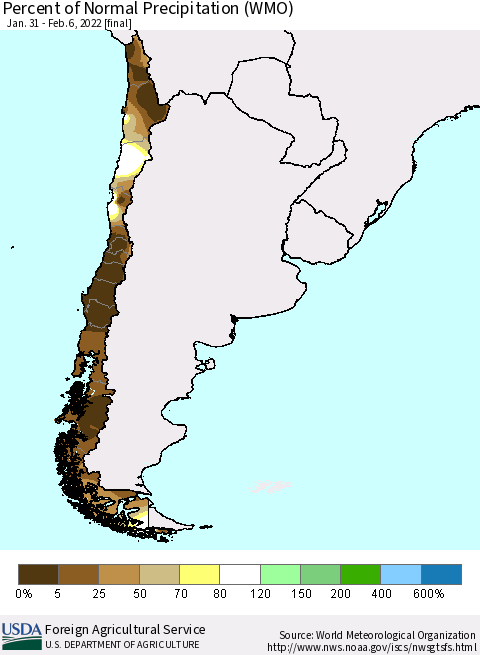 Chile Percent of Normal Precipitation (WMO) Thematic Map For 1/31/2022 - 2/6/2022