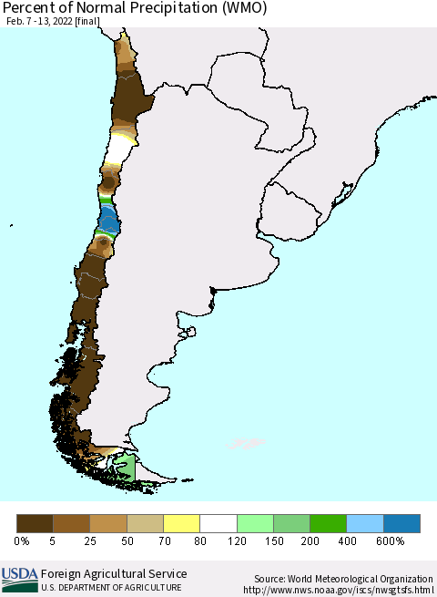 Chile Percent of Normal Precipitation (WMO) Thematic Map For 2/7/2022 - 2/13/2022