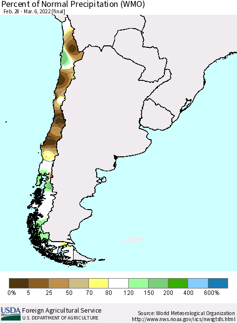 Chile Percent of Normal Precipitation (WMO) Thematic Map For 2/28/2022 - 3/6/2022