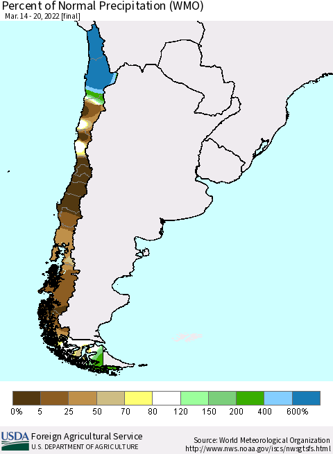 Chile Percent of Normal Precipitation (WMO) Thematic Map For 3/14/2022 - 3/20/2022