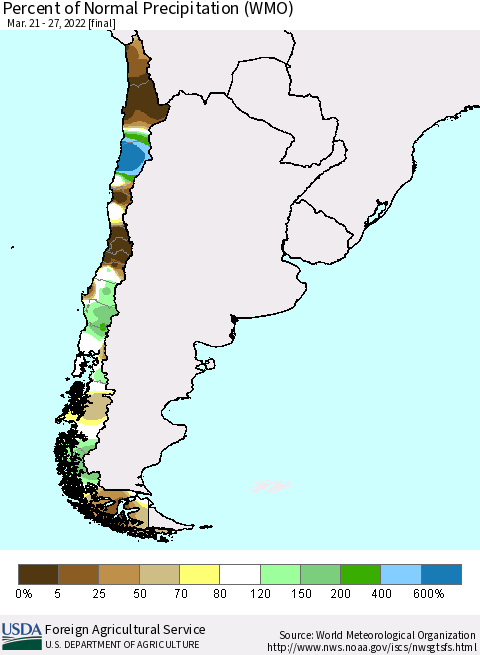 Chile Percent of Normal Precipitation (WMO) Thematic Map For 3/21/2022 - 3/27/2022