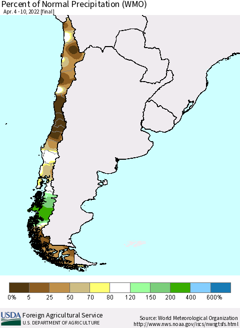Chile Percent of Normal Precipitation (WMO) Thematic Map For 4/4/2022 - 4/10/2022