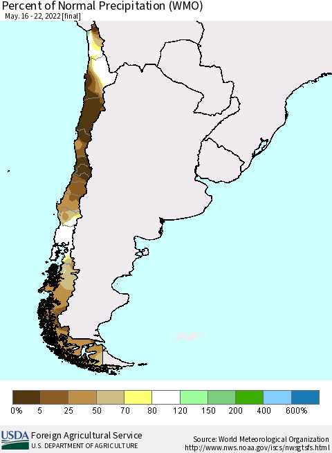 Chile Percent of Normal Precipitation (WMO) Thematic Map For 5/16/2022 - 5/22/2022