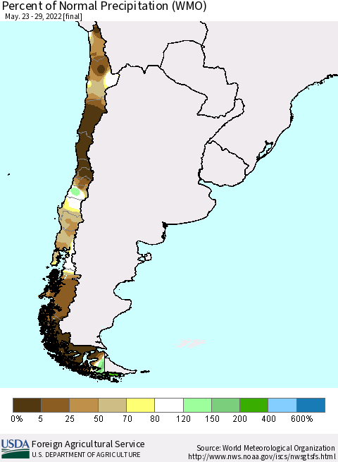 Chile Percent of Normal Precipitation (WMO) Thematic Map For 5/23/2022 - 5/29/2022