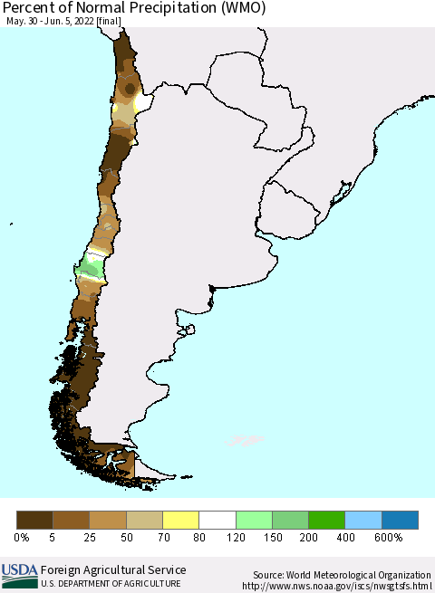 Chile Percent of Normal Precipitation (WMO) Thematic Map For 5/30/2022 - 6/5/2022