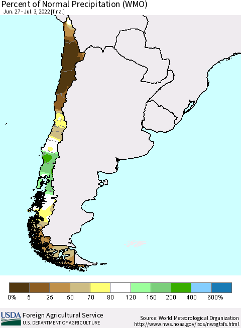 Chile Percent of Normal Precipitation (WMO) Thematic Map For 6/27/2022 - 7/3/2022