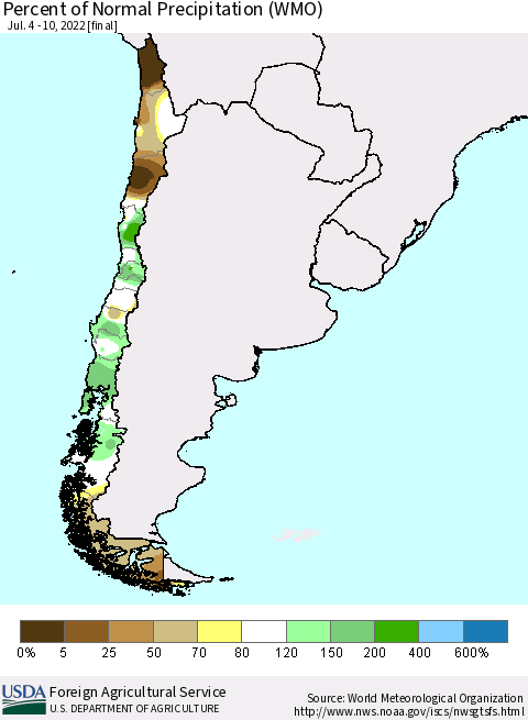 Chile Percent of Normal Precipitation (WMO) Thematic Map For 7/4/2022 - 7/10/2022