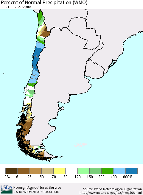 Chile Percent of Normal Precipitation (WMO) Thematic Map For 7/11/2022 - 7/17/2022