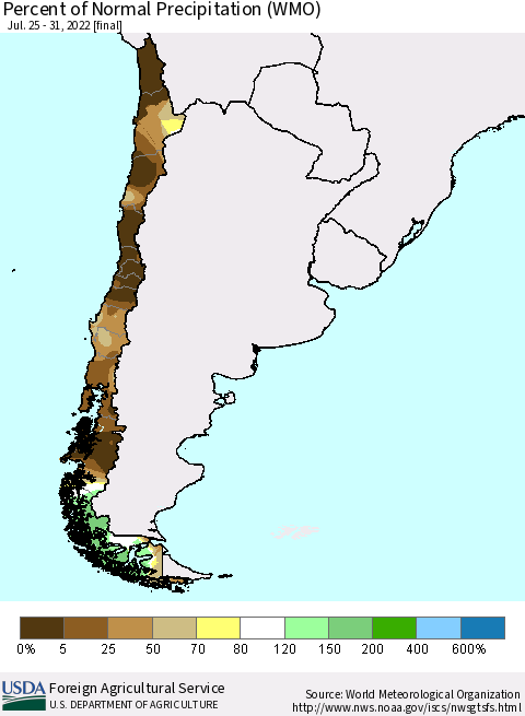 Chile Percent of Normal Precipitation (WMO) Thematic Map For 7/25/2022 - 7/31/2022