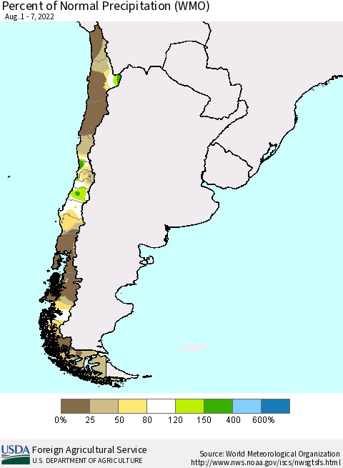 Chile Percent of Normal Precipitation (WMO) Thematic Map For 8/1/2022 - 8/7/2022