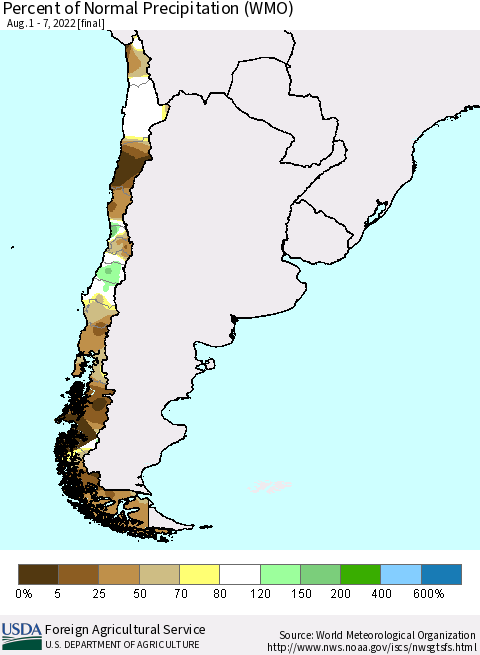 Chile Percent of Normal Precipitation (WMO) Thematic Map For 8/1/2022 - 8/7/2022
