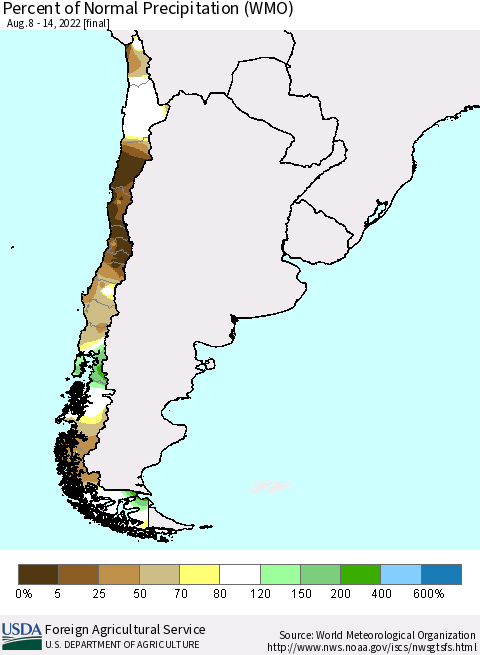 Chile Percent of Normal Precipitation (WMO) Thematic Map For 8/8/2022 - 8/14/2022