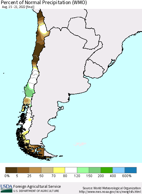 Chile Percent of Normal Precipitation (WMO) Thematic Map For 8/15/2022 - 8/21/2022