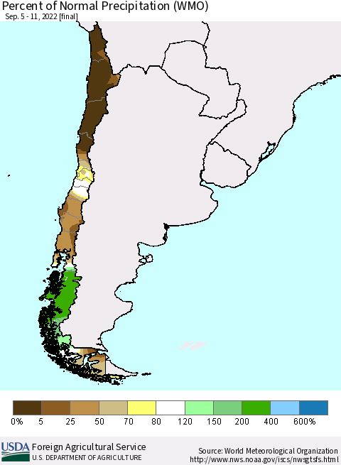 Chile Percent of Normal Precipitation (WMO) Thematic Map For 9/5/2022 - 9/11/2022