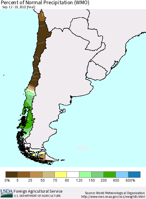 Chile Percent of Normal Precipitation (WMO) Thematic Map For 9/12/2022 - 9/18/2022