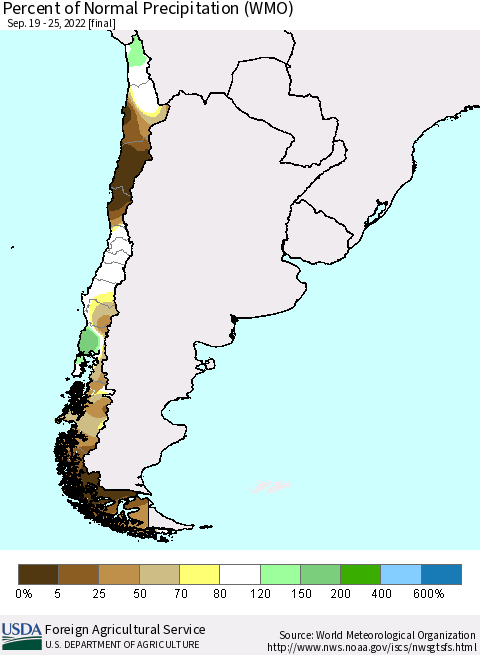 Chile Percent of Normal Precipitation (WMO) Thematic Map For 9/19/2022 - 9/25/2022