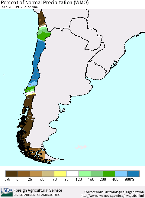 Chile Percent of Normal Precipitation (WMO) Thematic Map For 9/26/2022 - 10/2/2022