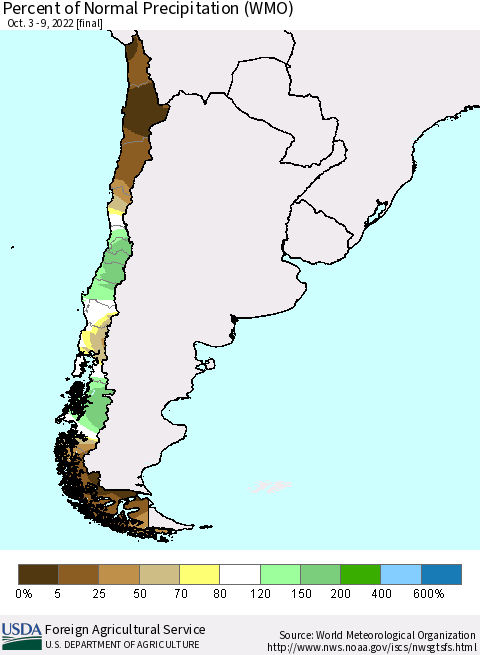 Chile Percent of Normal Precipitation (WMO) Thematic Map For 10/3/2022 - 10/9/2022