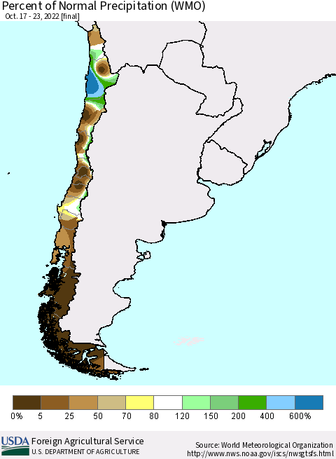 Chile Percent of Normal Precipitation (WMO) Thematic Map For 10/17/2022 - 10/23/2022