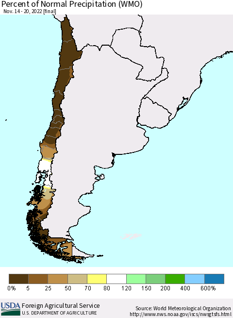 Chile Percent of Normal Precipitation (WMO) Thematic Map For 11/14/2022 - 11/20/2022