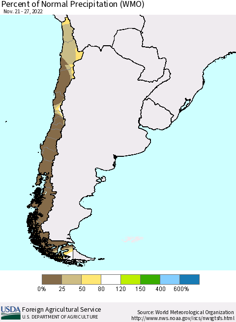 Chile Percent of Normal Precipitation (WMO) Thematic Map For 11/21/2022 - 11/27/2022